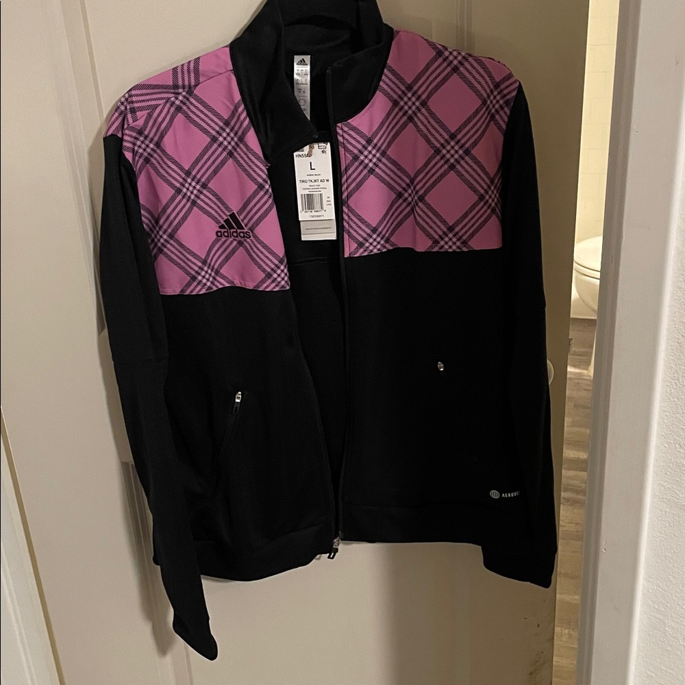 Adidas Black Jacket with Pink Plaid Design